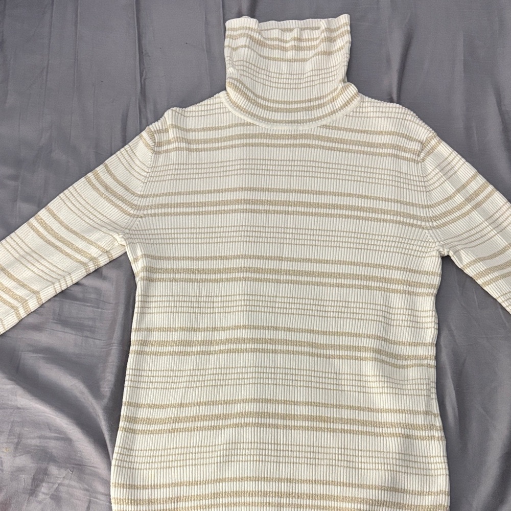 Tommy Hilfiger Cream and Tan Striped Turtleneck Sweater